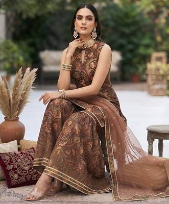 Brown floral printed cotton kurta set 4