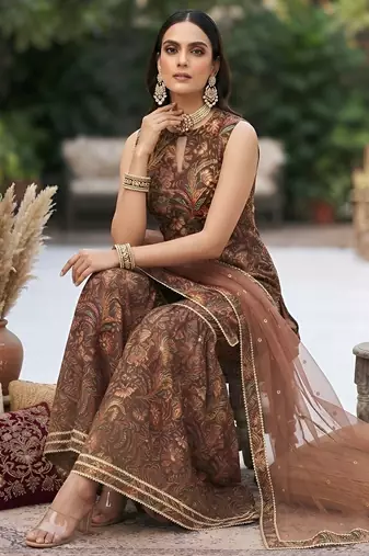 Brown floral printed cotton kurta set