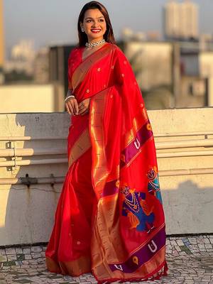Red Woven Design Silk Blend Paithani Saree with blouse  2