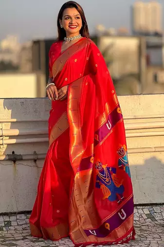 Red Woven Design Silk Blend Paithani Saree with blouse 