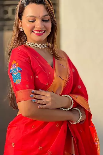 Red Woven Design Silk Blend Paithani Saree with blouse 