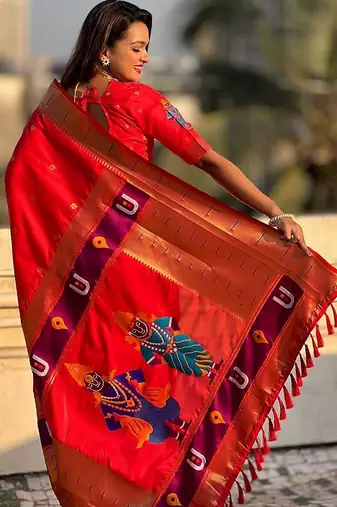 Red Woven Design Silk Blend Paithani Saree with blouse 