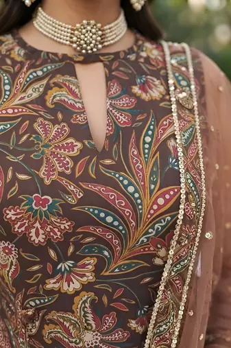 Brown floral printed cotton kurta set