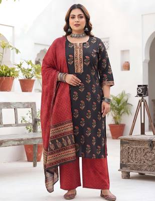 Black floral printed cotton kurta set 1
