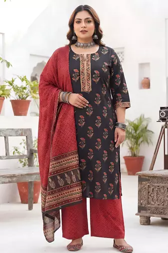 Black floral printed cotton kurta set