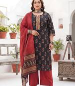 Black floral printed cotton kurta set