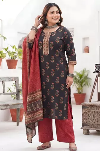 Black floral printed cotton kurta set