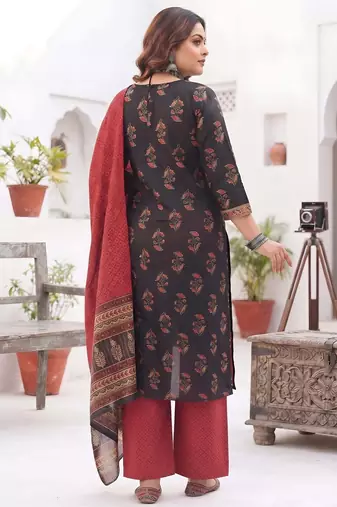 Black floral printed cotton kurta set