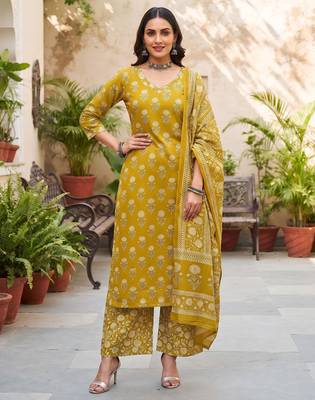 Mustard floral printed cotton kurta set 1