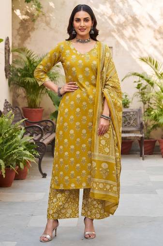 Mustard floral printed cotton kurta set