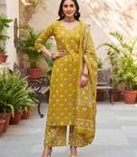 Mustard floral printed cotton kurta set