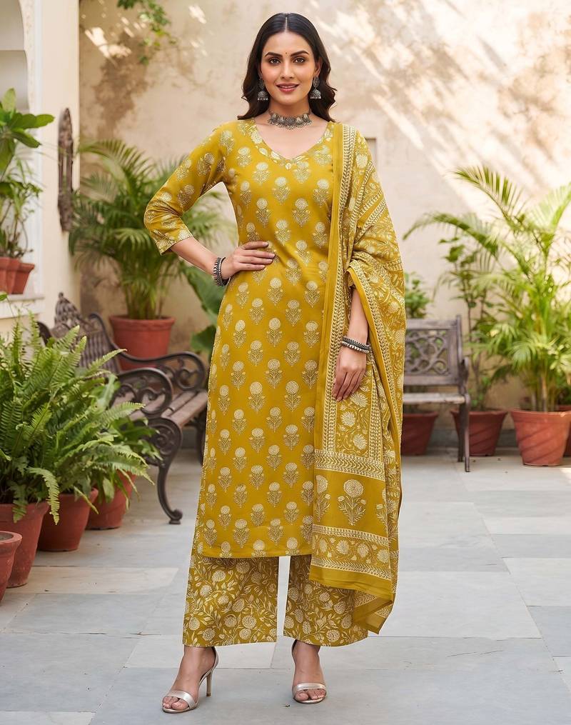 Mustard floral printed cotton kurta set