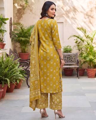 Mustard floral printed cotton kurta set 2