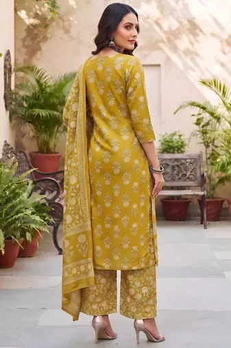 Mustard floral printed cotton kurta set