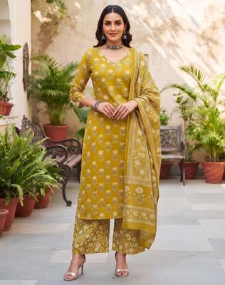 Mustard floral printed cotton kurta set 3