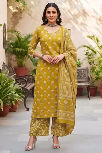 Mustard floral printed cotton kurta set