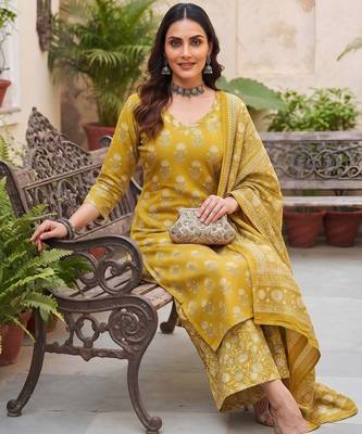 Mustard floral printed cotton kurta set 4