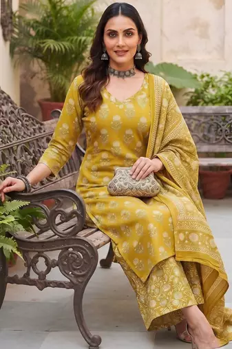 Mustard floral printed cotton kurta set