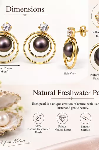 Certified natural freshwater pearls jewellery black freshwater pearl stud earrings with gold multi-circle frame