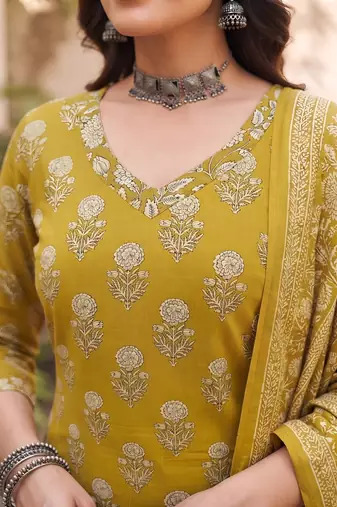 Mustard floral printed cotton kurta set