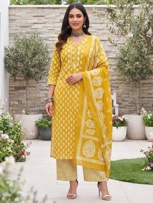 Yellow floral printed cotton kurta set 1