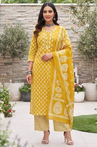 Yellow floral printed cotton kurta set