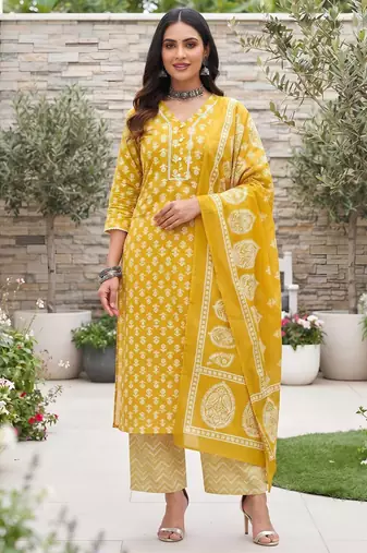 Yellow floral printed cotton kurta set