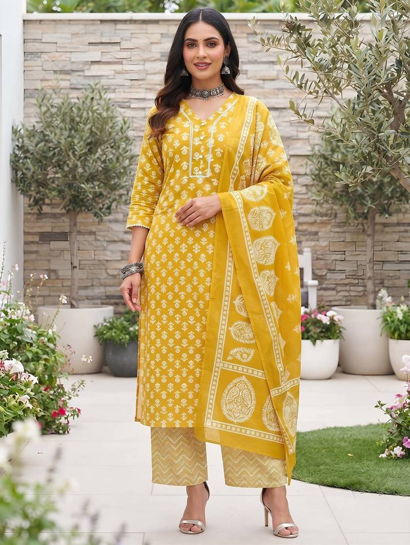 Yellow floral printed cotton kurta set
