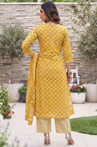 Yellow floral printed cotton kurta set