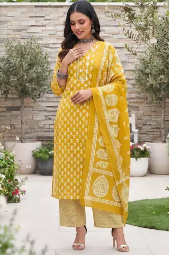 Yellow floral printed cotton kurta set