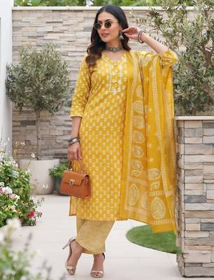 Yellow floral printed cotton kurta set 4