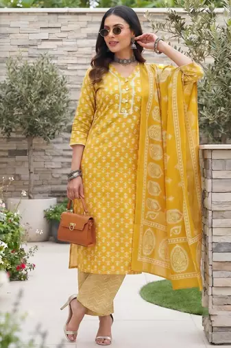 Yellow floral printed cotton kurta set