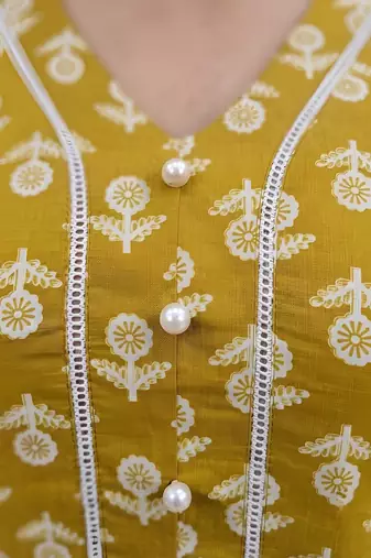 Yellow floral printed cotton kurta set