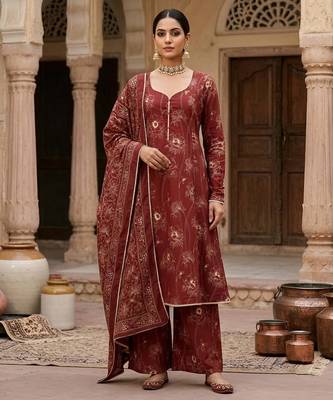 Maroon floral printed cotton kurta set 1