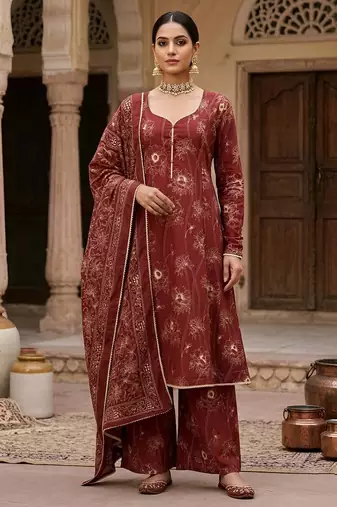 Maroon floral printed cotton kurta set