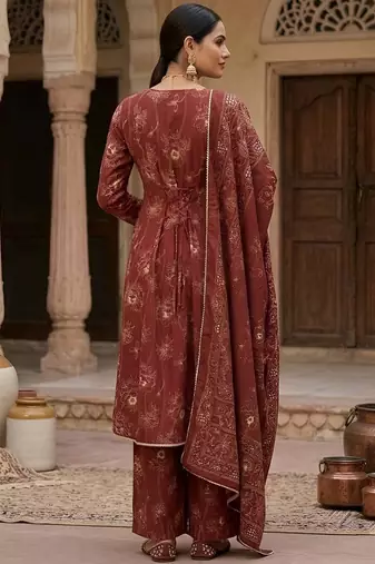 Maroon floral printed cotton kurta set