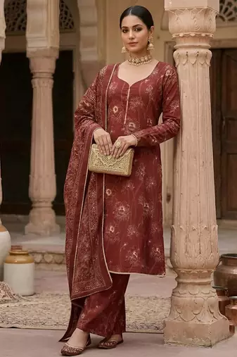 Maroon floral printed cotton kurta set