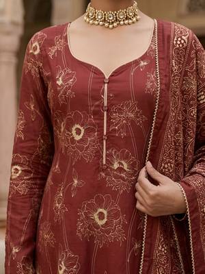 Maroon floral printed cotton kurta set 4