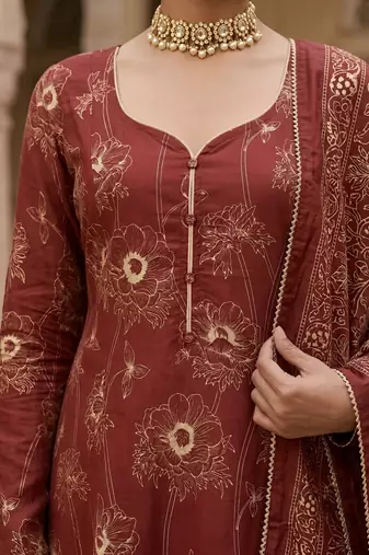 Maroon floral printed cotton kurta set