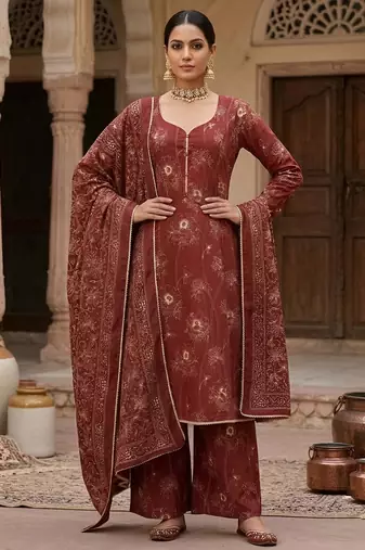 Maroon floral printed cotton kurta set