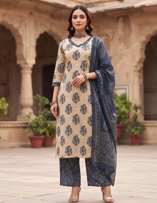 Beige floral printed cotton kurta set 1