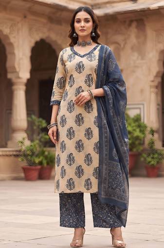 Beige floral printed cotton kurta set