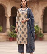 Beige floral printed cotton kurta set