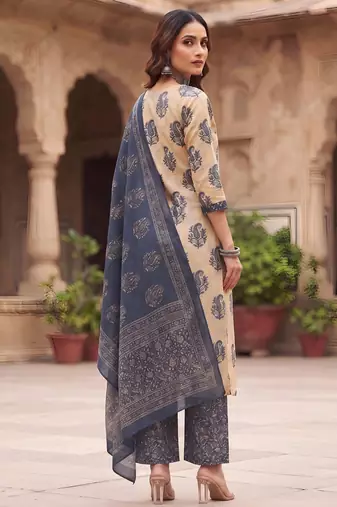 Beige floral printed cotton kurta set