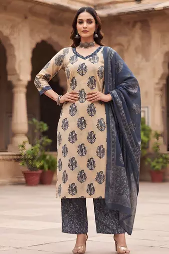 Beige floral printed cotton kurta set