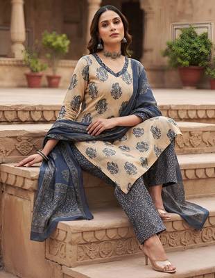 Beige floral printed cotton kurta set 4