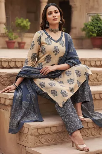 Beige floral printed cotton kurta set