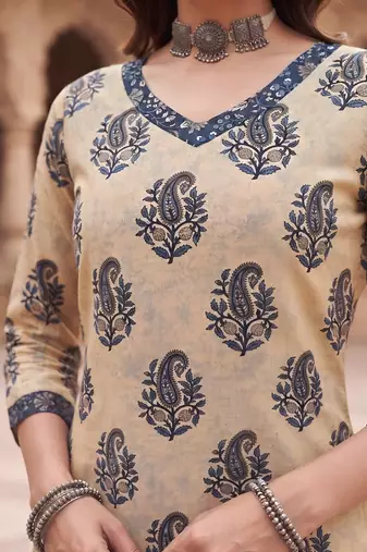 Beige floral printed cotton kurta set