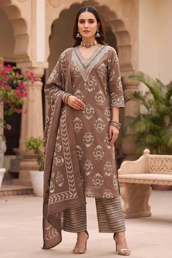 Brown floral printed cotton kurta set