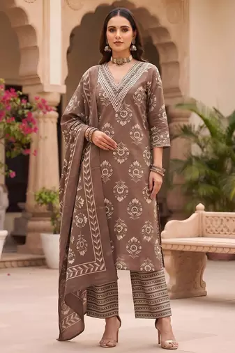 Brown floral printed cotton kurta set